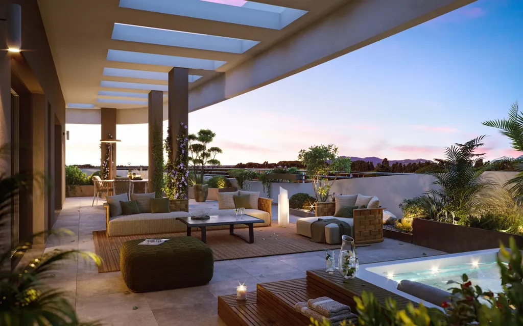 Terrazza dell'attico al tramonto con copertura a lucernari, zona pranzo e piante