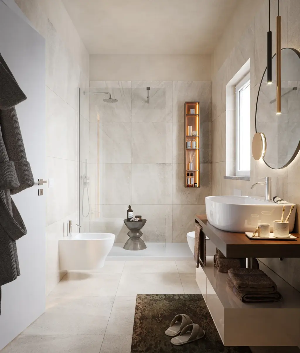 Bagno con doccia walkthrough, lavabo su piano in legno e specchio rotondo