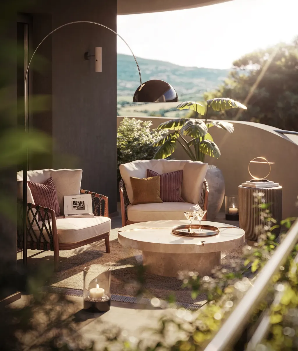 Terrazza abitabile con poltrone e piante, affacciata sul verde